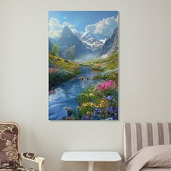 Amazon.co.jp: 絵画 山と川と花の春の風景インテリア 絵画